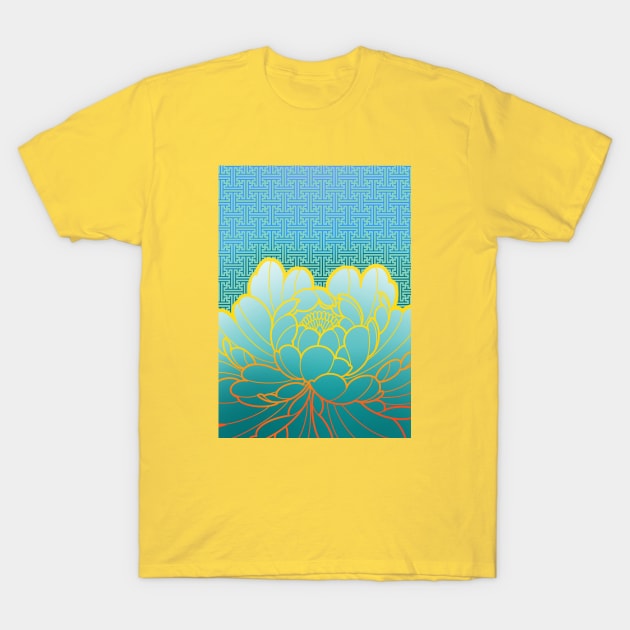 turquoise peony flower and sayagata pattern T-Shirt by weilertsen